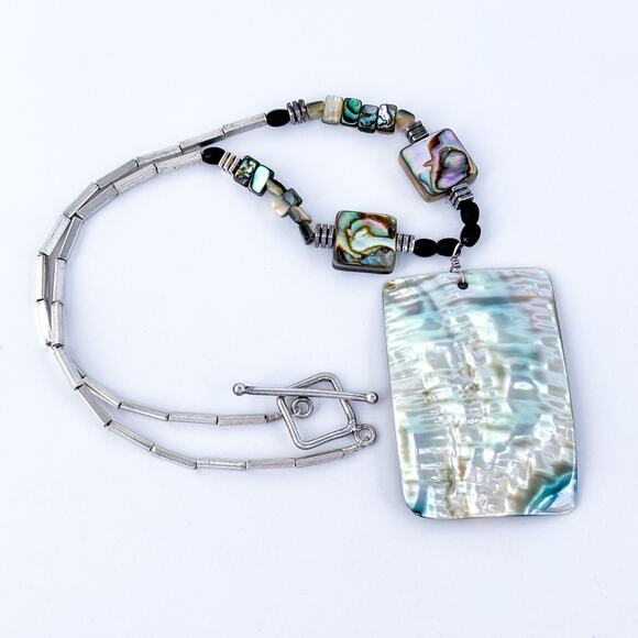 Vintage Sterling Silver 925 Abalone Ebony Pendant Necklace 16.5" - Picture 4 of 7